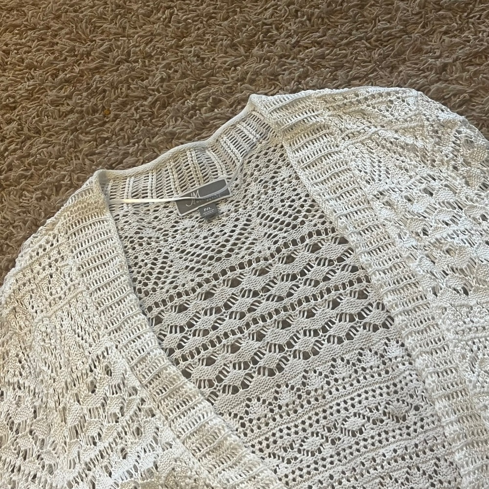 JM Collection Petite White Crochet Knit Open Front Cardigan‎ Sweater PL